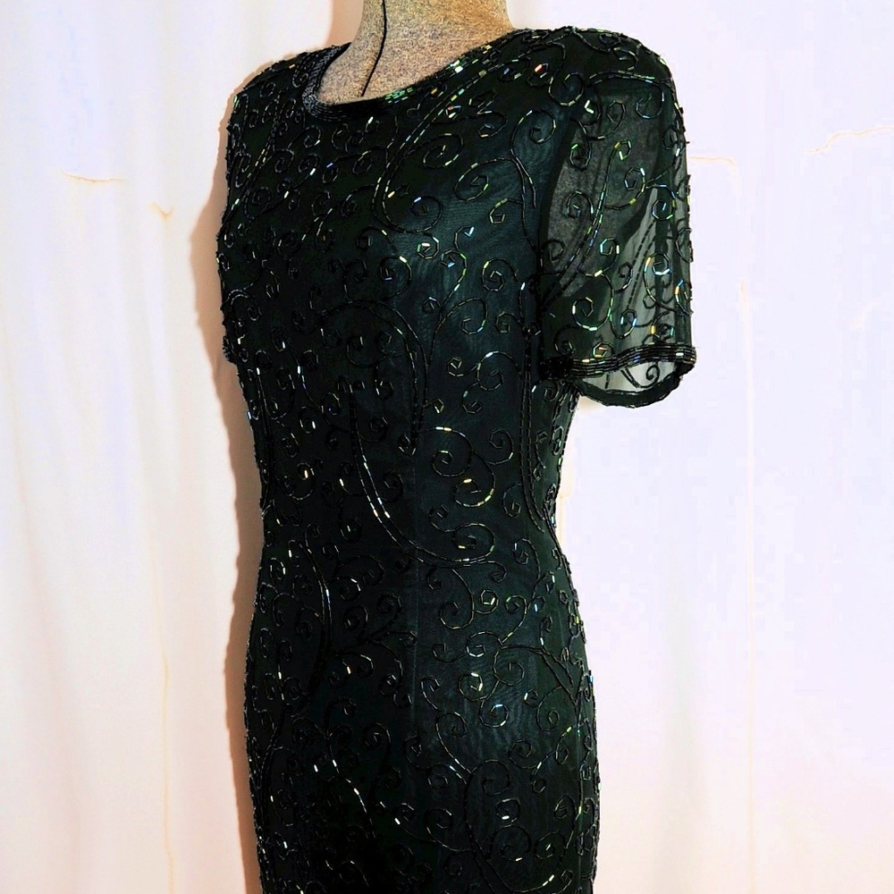 VTG 80s AJ Bari Beaded Dark Green Sheath Dress XS - Picture 8 of 8